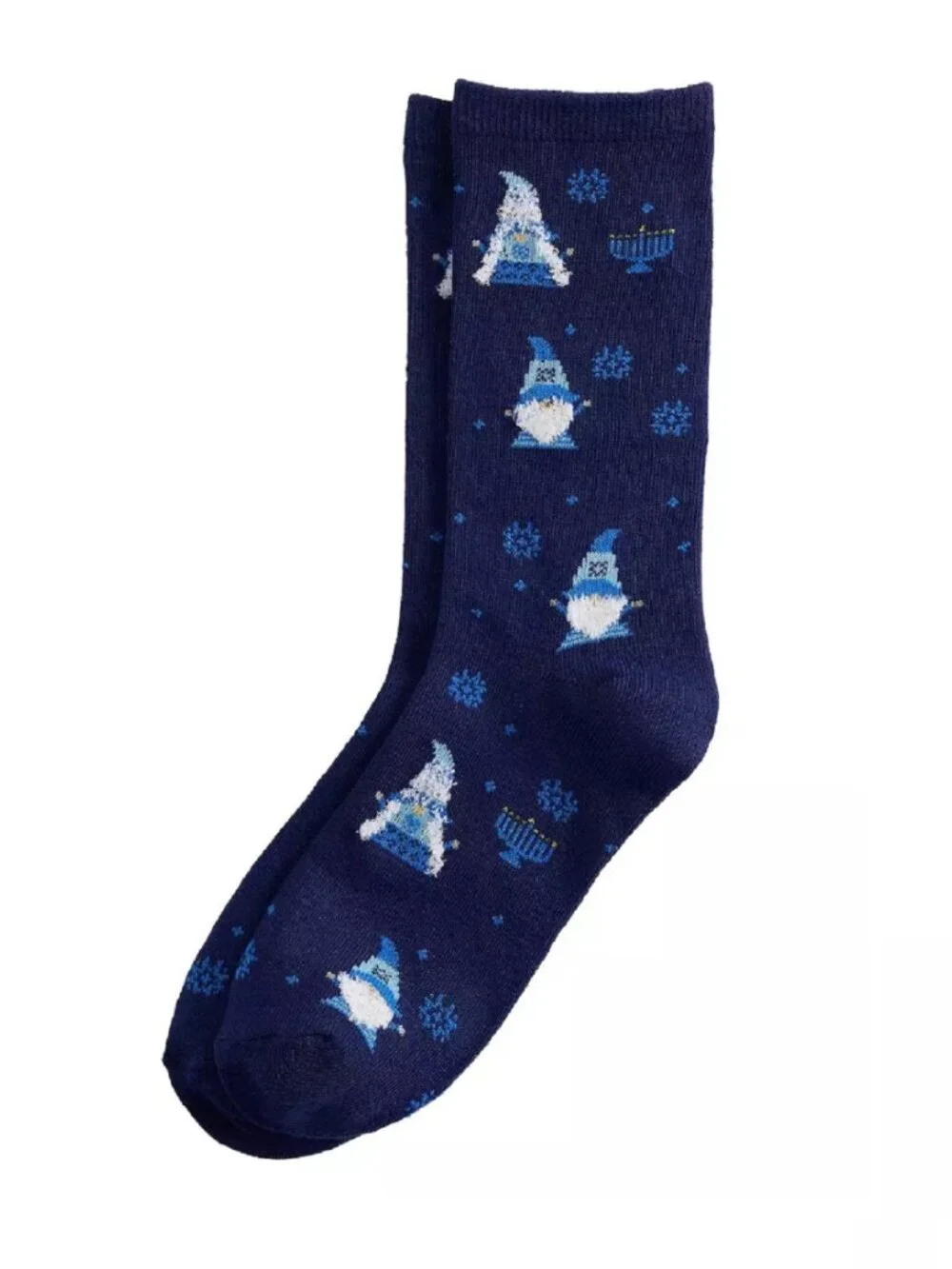 3 pairs of Women's Navy Blue Crew Socks featuring Hannukah Gnomes + Menorahs